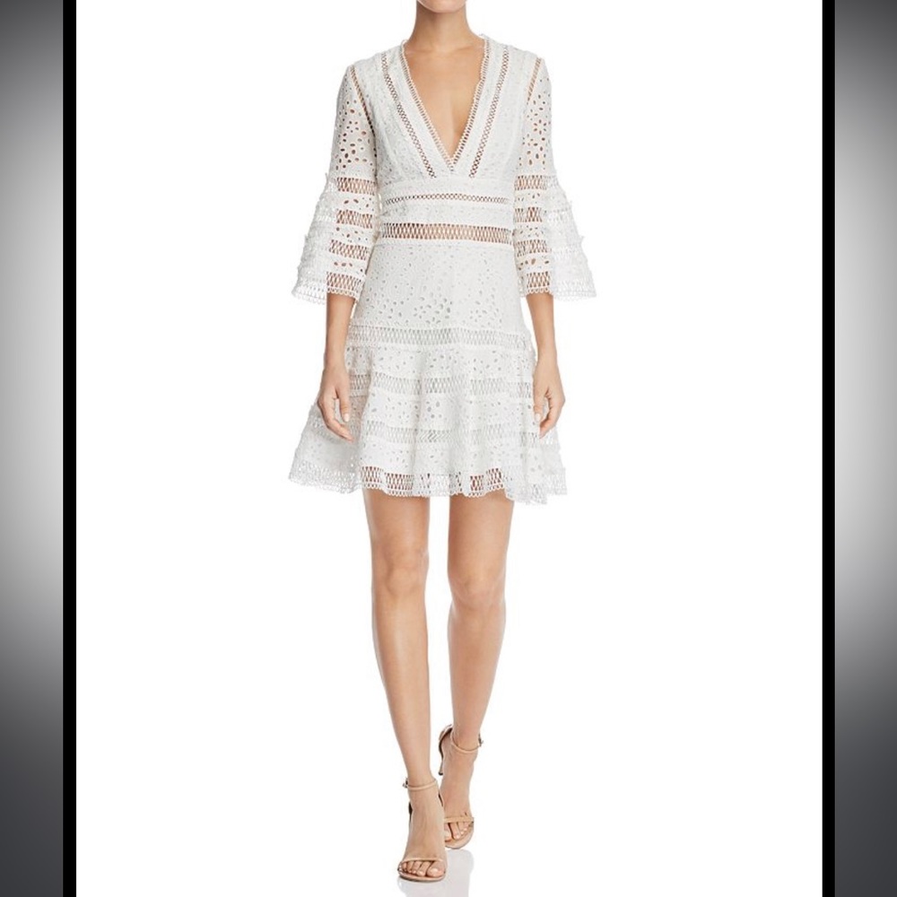 AQUA White Bell-Sleeve Eyelet & Lace Mini Dress